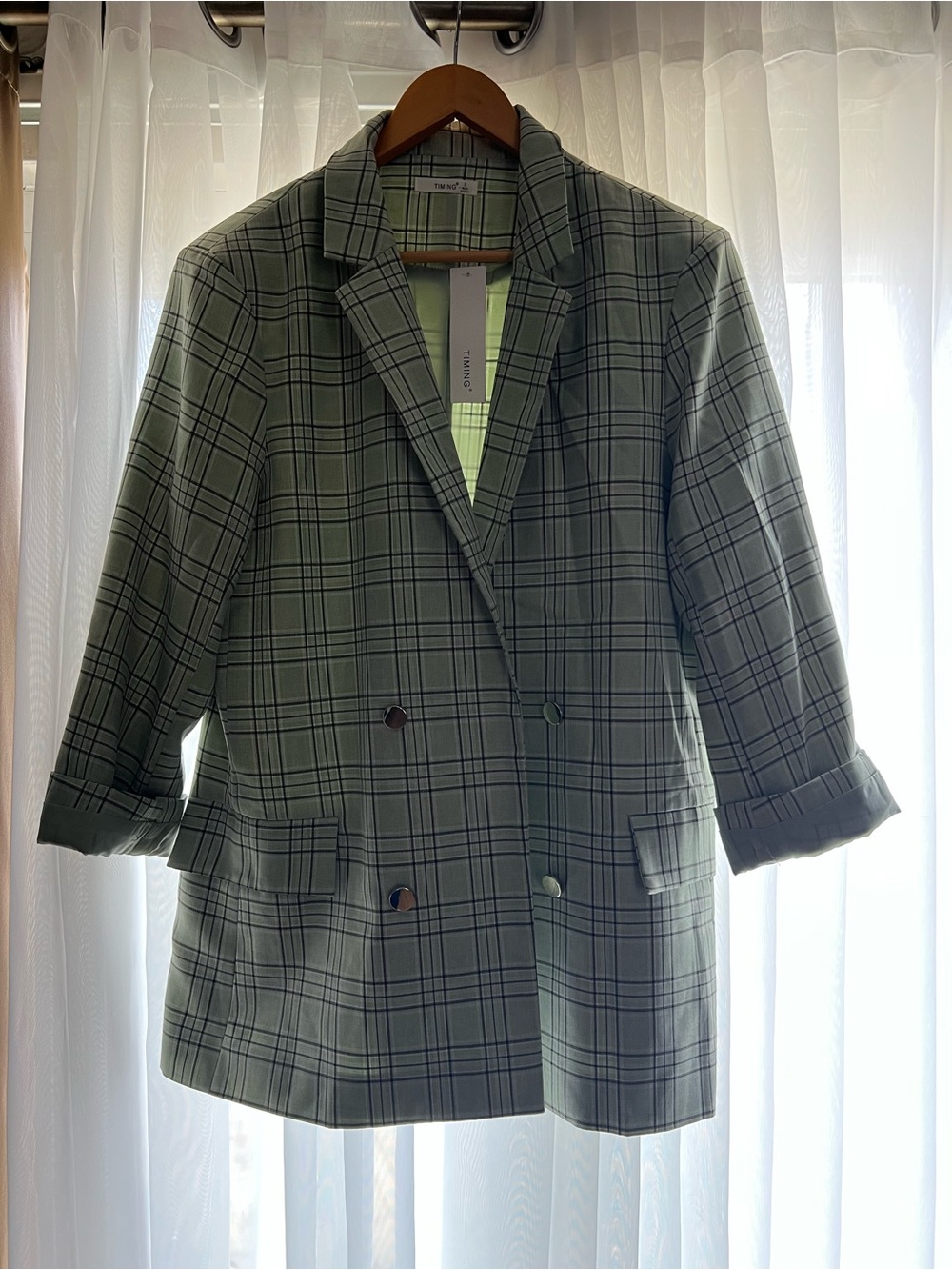 TIMING Light Sage Green Plaid Blazer